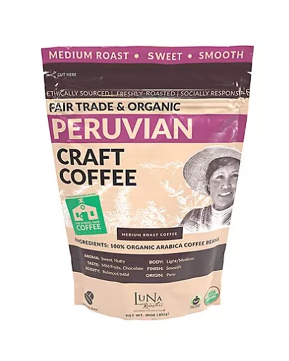 (image for) Luna Roasters Organic Peruvian Craft Whole Bean Coffee (30 oz)